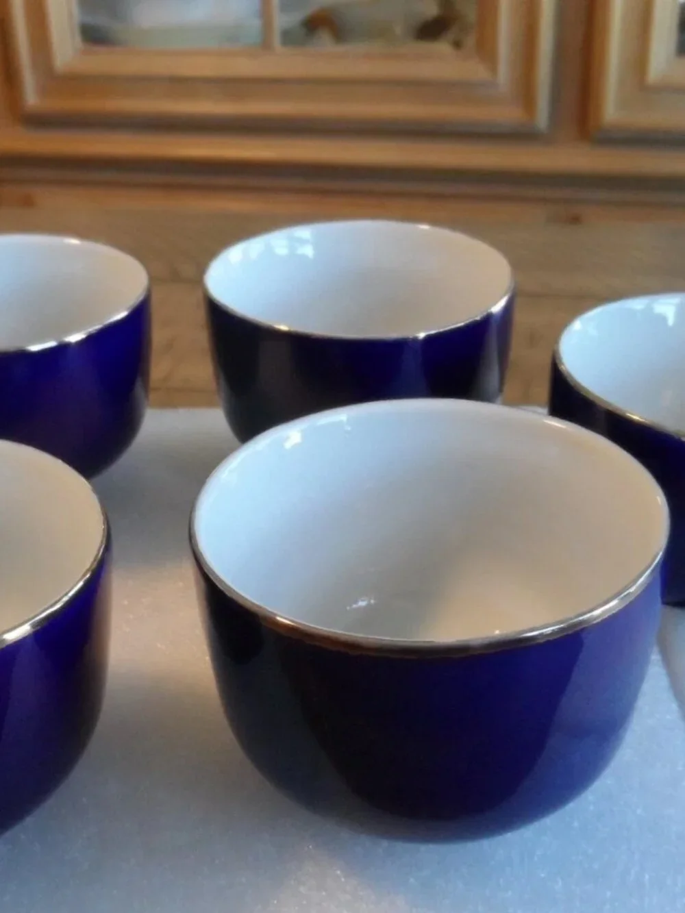 Japanese Cobalt Blue Teapot + 5 Cups Peacock/Floral/Gold Trim Bamboo Handle VTG